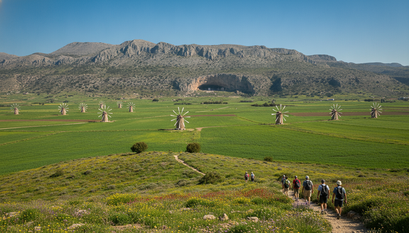 découvrez le plateau de lassithi en crète : randonnées pittoresques, moulins à vent traditionnels et la mystérieuse grotte de zeus, pour une aventure inoubliable au cœur de la nature et de l'histoire.