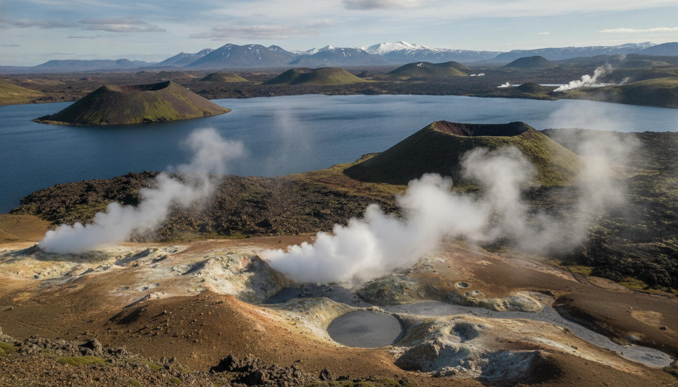 explorez mývatn en islande : un site unique avec son lac pittoresque, ses cratères volcaniques impressionnants et ses bains naturels relaxants. parfait pour les amoureux de la nature et de l'aventure.